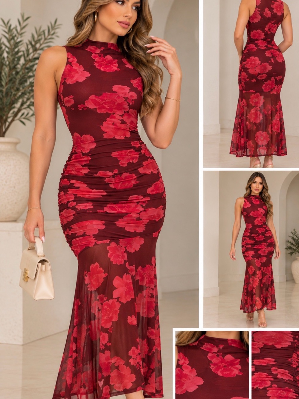 Red Floral Sleeveless Mesh Mermaid Dress